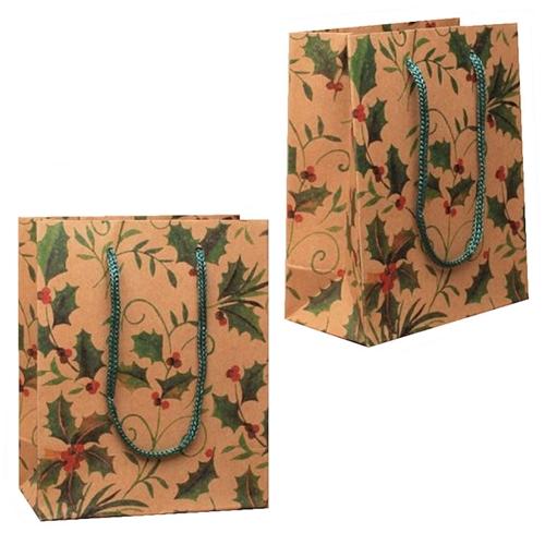 Christmas Holly Print Natural Brown Gift Bag  [Medium] (12)